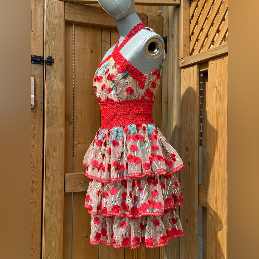 🆕 BRONX & BANCO 🧿 NWOT Ivanka Embroidered Red Ruffled Mini Dress, Sz XS US 2 - Picture 12 of 16